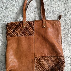 Rich Brown 100% Vegetable Tanned Leather Tote Bag Woven Accents Made in India